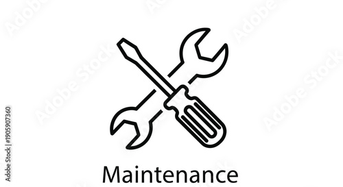 Line art illustration of a wrench and screwdriver crossed with the word maintenance
