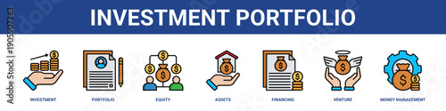 Investment Portfolio web banner icon set collection solid style.