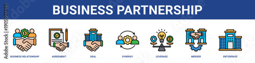 Business Partnership web banner icon set collection solid style.