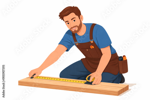 Flat Vector Illustration of Carpenter Measuring Wood Plank with Ruler
