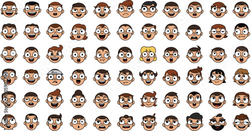 Diverse Cartoon Faces: A Collection of Expressive Characters for Animation, Web Design, and Educational Materials, Showcasing a Variety of Emotions and Styles