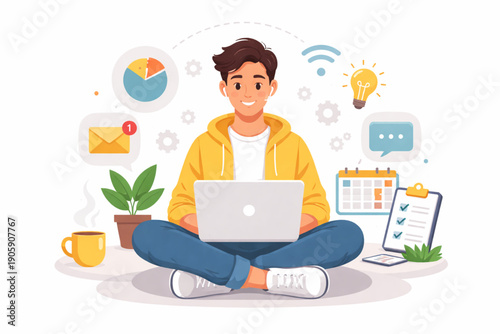 Flat Vector Illustration of Freelancer Working on Laptop in Relaxed Remote Setup