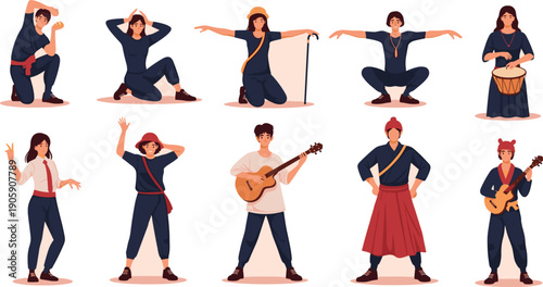 Vibrant Group of People Performing Traditional Dances and Musical Performances in Festive Attire, Showcasing Cultural Heritage with Diverse Musical Instruments and Dynamic Poses