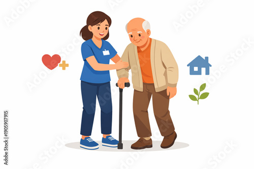 Flat Vector Illustration of Social Worker Assisting Elderly Person Walking