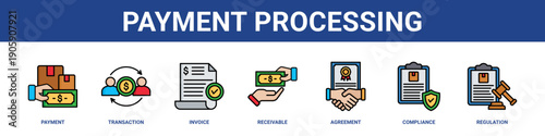 Payment Processing web banner icon set collection solid style.