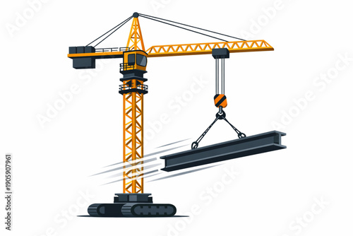Flat Vector Illustration of Construction Crane Lifting Steel Beam with Motion Effect
