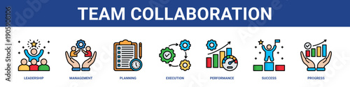 Team Collaboration web banner icon set collection solid style.