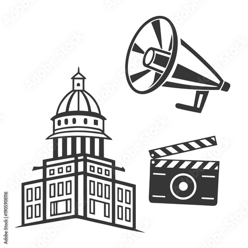 A building a megaphone and a clapperboard Vector