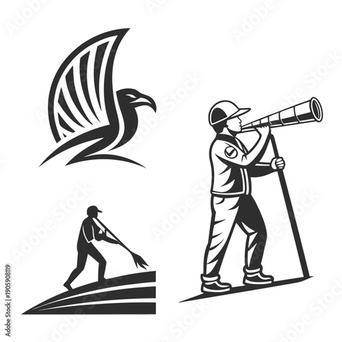 A man looks through a telescope while another person digs in the ground Vector