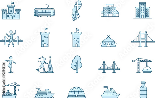 Travel and city line icon set featuring castle towers bridge landmarks hotel buildings cruise ships and swedish map for tourism and urban design