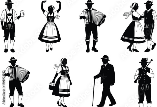 Black silhouette icons of German people in traditional Bavarian clothing including dirndl and lederhosen playing accordion dancing and drinking beer at Oktoberfest festival