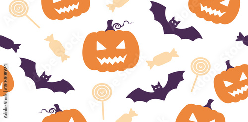 Halloween themed seamless pattern with jack o lanterns bats and candy