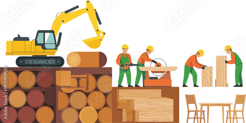 Lumber & Woodworking Process Vector Set  Log Cutting, Sawmill & Timber Transport