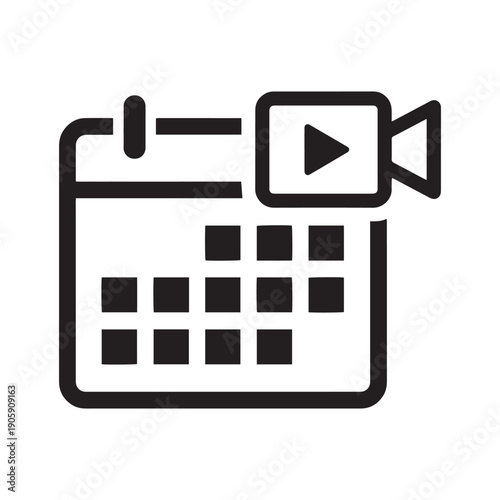 Professional Black and White Minimalist Icon Featuring a Calendar and Video Camera for Scheduled Virtual Meetings, Webinars, and Content Planning.
