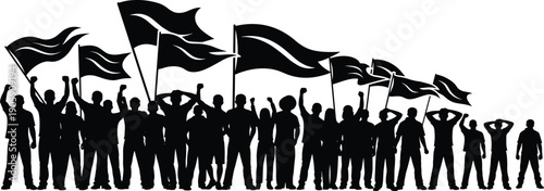 Silhouette of a large crowd of people standing and cheering with raised hands and waving flags at a protest rally or stadium