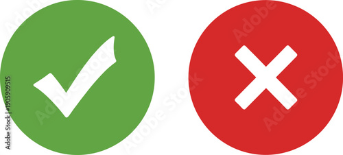 Green Check Mark and Red Cross Icons in Circles Isolated on White Background for Decision Making Choice Yes No Approved Rejected Validation