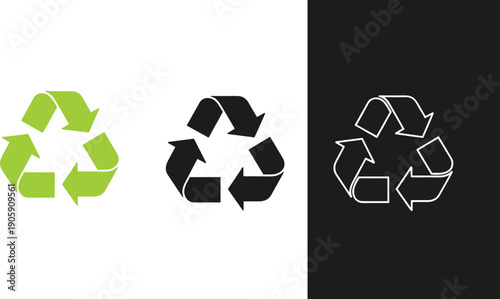 Green and Black Recycle Symbol Icons Set Isolated on White and Dark Backgrounds for Environmental Sustainability Eco Friendly Waste Management and Circular Economy Conservation