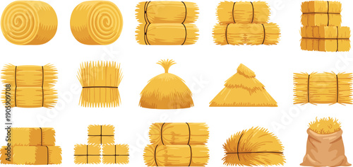 Hay Bales & Straw Bundles Vector Set  Farm Harvest Collection