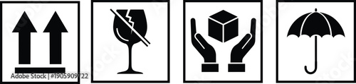 Fragile Shipping and Handling Label Icons Set Isolated on White Background for Packaging Logistics Delivery Instructions Cargo Safety Warning Signs and Warehouse Storage Protection