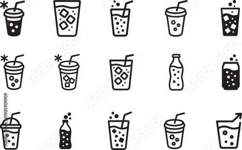   Cold soda outline icon set with refreshing drink symbols for web design, clean vector EPS isolated.