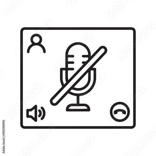 Minimalist black line art illustration of a video call interface featuring a muted microphone, user profile, and call control icons.