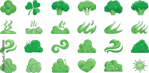 Green Cartoon Smoke & Gas Cloud Icons  Toxic Vapor and Explosion Vector Set