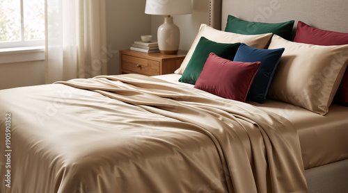 Wallpaper Mural Luxurious beige satin bedding on a well-made bed with colorful accent pillows. Stylish bedroom interior with modern home decor for comfort and relaxation Torontodigital.ca