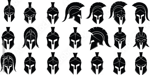 Large set of ancient Spartan and Greek gladiator helmet silhouettes, black warrior head armor icons for history and gaming design isolated on white background vector.