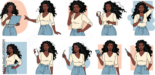 Diverse Black Woman Character Set: Vector Illustration for Modern Business & Lifestyle Applications, Showcasing Engagement & Professionalism in Varied Poses and Settings