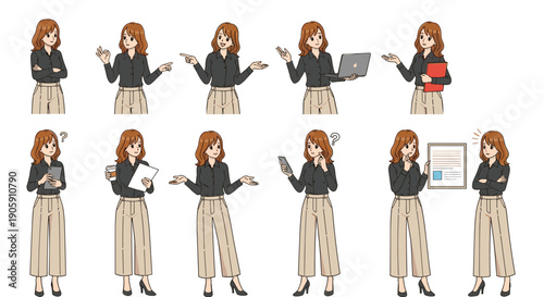 Empowered Cartoon Businesswoman: Diverse Poses for Engaging Presentations, Demonstrations, and Digital Content Creation Featuring Expressive Gestures, Professional Attire, and Dynamic Expressions