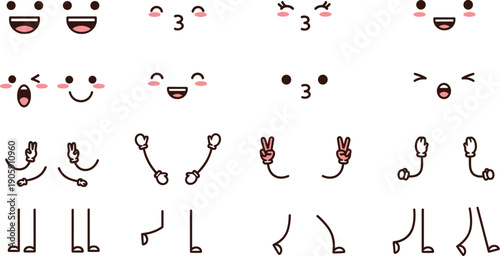 Cartoon Character Emotion Set: Expressive Faces, Playful Poses for Animation and Design Projects, Capturing a Range of Feelings with Simple Kawaii Style