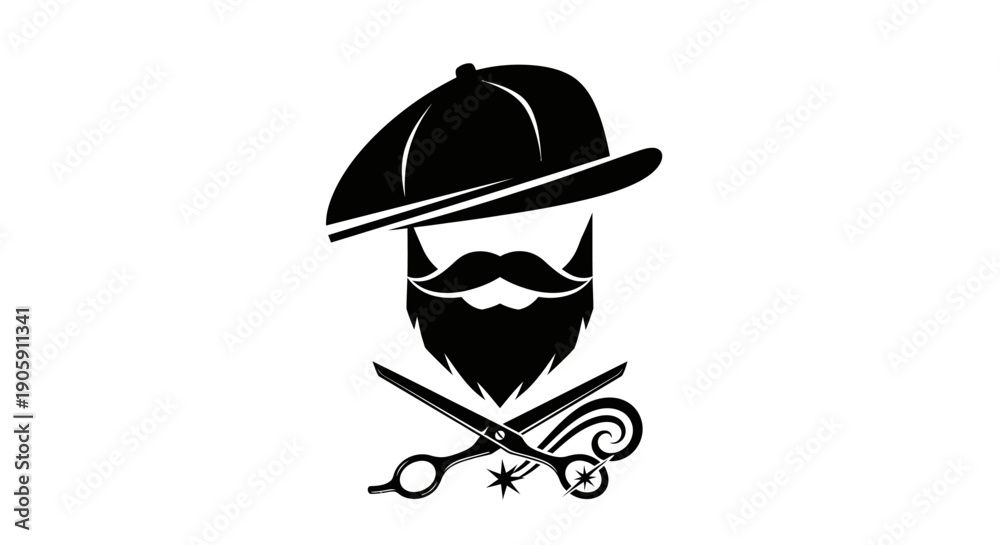 Fototapeta premium Barber Man Head with Cap, Beard, and Scissors Icon, Isolated White Background