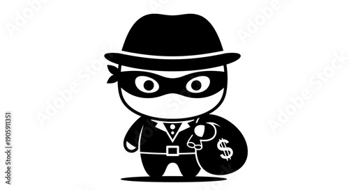 Cute Cartoon Thief Character Holding Money Bag, Isolated White Background
