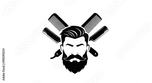 Barber Shop Logo with Stylish Bearded Man, Razor and Comb, Isolated White Background