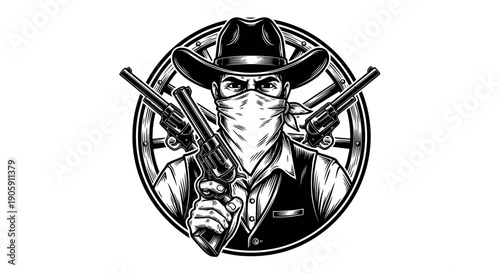Intense cowboy wearing a western hat and bandana, holding two revolvers, depicted in a circular badge design on an isolated white background.
