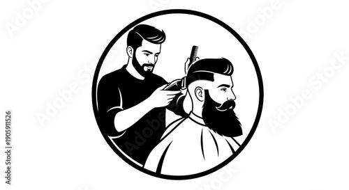 Barber Cutting Customer's Hair and Beard in a Barbershop Service Scene, isolated white background.