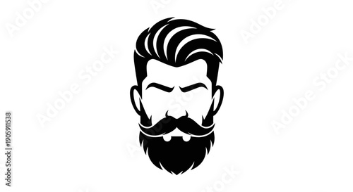 Stylish Man Head with Modern Hairstyle and Thick Beard, isolated white background.