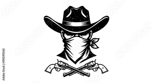 Rugged Cowboy in Hat and Bandana Mask with Crossed Revolvers, Western Outlaw Theme on Isolated White Background