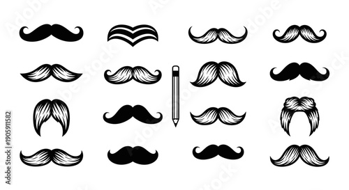 Set of Various Vintage and Modern Mustache Styles with Pencil on a Light Background