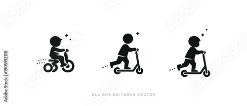 Kids Riding Scooter Icon. Tricycle Silhouette Icon Set. Playful Child. vector illustration