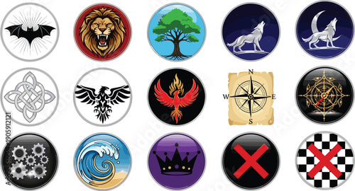 Magical Circle Symbols Set: Fantasy Elements for Game Design and Mystical Arts, Including Mythical Beasts, Nature Icons, and Esoteric Symbols on Round Buttons