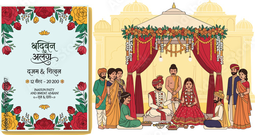 Traditional Indian Wedding Ceremony Illustration: A Celebration of Love, Heritage, and Culture for Invitations, Greetings, and Festive Designs