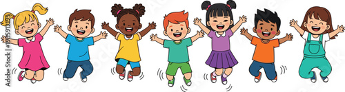 Diverse Group of Cheerful Children Jumping with Joy: A Vibrant Cartoon Illustration for Educational and Promotional Materials, Showcasing Happiness, Friendship, and Childhood Fun