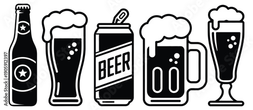Black and white icons representing beer bottles, cans, and glasses, vector illustrations for beverage design, pub menus, alcohol branding, brewery graphics, and digital or print projects.