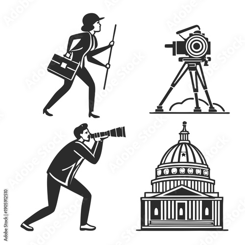 Journalists and camera capturing government building Vector