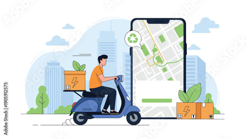 Eco-friendly delivery service concept featuring courier on electric scooter with recycled boxes and navigation map on mobile phone.