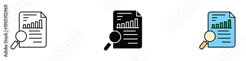 Business data audit and financial report analysis icon vector. Document with bar chart and magnifying glass research symbol set. Vector illustration.