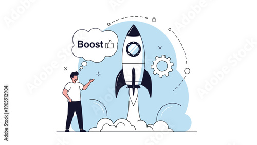 Successful business startup launch and growth concept with rocket taking off and speech bubble indicating significant performance boost.
