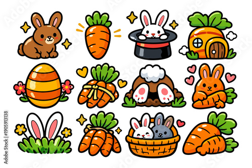 Cute cartoon bunnies and carrots in whimsical scenes with magic hats and cozy burrows.