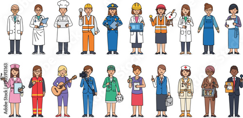 Diverse Professions Illustration: A Colorful Depiction of Occupational Variety and Workforce Diversity, Ideal for Career Guidance, Employment Resources and Educational Materials